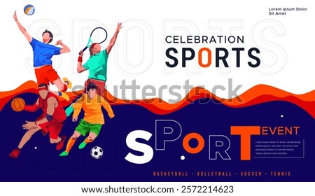 National sports day celebration design featuring illustrations of basketball, soccer, volleyball, and tennis athletes on a sporty background. Can be used for banners, web, etc. Sports day concept