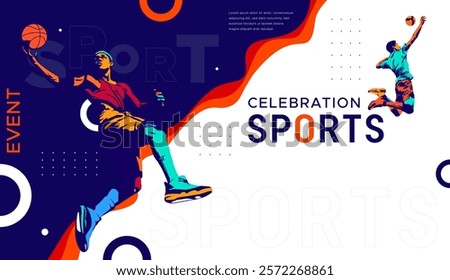 National sports day celebration design featuring illustrations of basketball and volleyball athletes on a sporty background. Can be used for banners, web, etc. Sports day concept