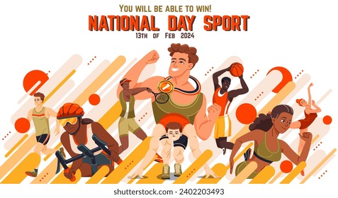 National Sports Day Celebration. Man runner with gold medal. Basketballer with ball, cyclist at bicycle. Active lifestyle and training. Tennis and rhythmic gymnastics. Cartoon flat vector illustration