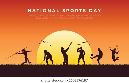 Día Nacional del Deporte India - 29 de agosto. Diseño de Anuncio de día deportivo con mapa de la India y Ilustración vectorial de deportistas