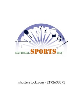 National Sports Day isolated design of hockey, badminton, cricket bat, football, weightlifting vector illustration