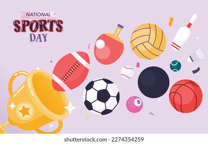 National Sports Day Poster, Trophy And Sports Equipment, Vector, Illustration