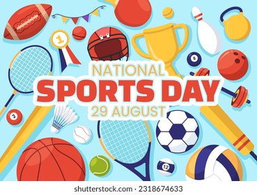 National Sports Day Vector Illustration with Sportsperson from Different Sport in Flat Cartoon Hand Drawn Landing Page Background Templates