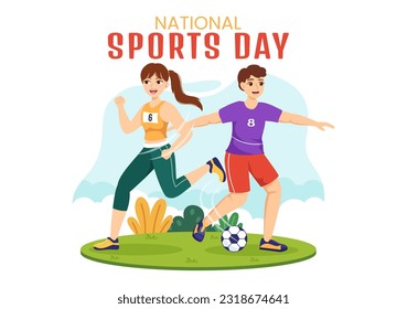 National Sports Day Vector Illustration with Sportsperson from Different Sport in Flat Cartoon Hand Drawn Landing Page Background Templates