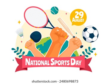 National Sports Day Vector Illustration featuring Athletes from Various Sports and Equipment in a Flat Style Cartoon Background