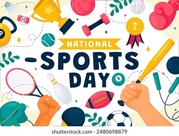 National Sports Day Vector Illustration featuring Athletes from Various Sports and Equipment in a Flat Style Cartoon Background