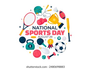 National Sports Day Vector Illustration featuring Athletes from Various Sports and Equipment in a Flat Style Cartoon Background