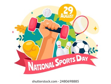 National Sports Day Vector Illustration featuring Athletes from Various Sports and Equipment in a Flat Style Cartoon Background