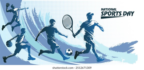 Día Nacional del Deporte. Antiguas Anuncio con atletas que juegan fútbol, baloncesto, tenis y voleibol. Antecedentes para la celebración de vacaciones. Ilustración vectorial dibujada a mano en estilo grunge