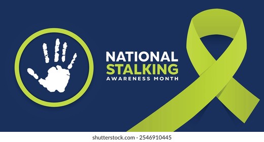 National Stalking Awareness Month. Hand and ribbon. Great for cards, banners, posters, social media and more. Dark blue background.