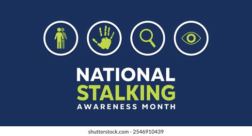 National Stalking Awareness Month. People, hand, magnifying glass and eye. Great for cards, banners, posters, social media and more. Dark blue background.