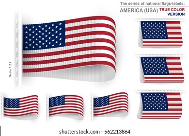 National state flag of USA with true colors is embroidered on the textile tag and sewn with a thread stitch; Set of vector realistic icons of flag of United States of America from a fabric loop