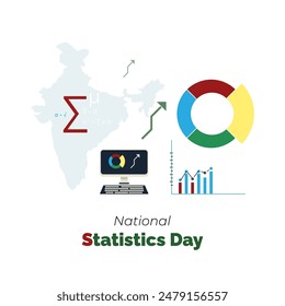 Vector del Día Nacional de la Estadística, ilustración. Mapa de la India con Estadísticas y diseño de conceptos gráficos.