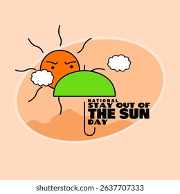 National Stay Out of the Sun Day to celebrate on July 3rd. Clip art illustration of an angry sun with a green umbrella shielding it from the heat of the sun.