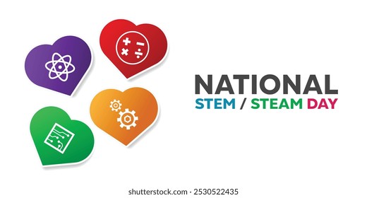 National Stem Day. Heart, science icon, art, gear and more. Great for cards, banners, posters, social media and more. White background.