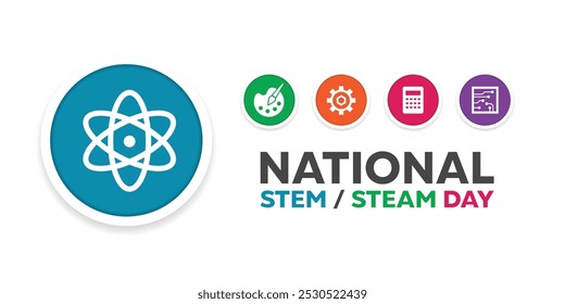 National Stem Day. Science icon, art, gear and more. Great for cards, banners, posters, social media and more. White background.