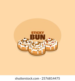 National Sticky Bun Day to celebrate on February 21st. Three sticky buns with different toppings on beige background. Food event banner.