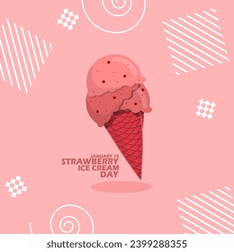 National Strawberry Ice Cream Day event banner. A triple layer of strawberry flavored ice cream, with bold text on pink background to celebrate on January 15