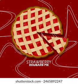 National Strawberry Rhubarb Pie Day event banner.  Strawberry pie cake on dark red background to celebrate on June 9th