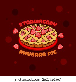 National Strawberry Rhubarb Pie Day to celebrate on June 9th. Delicious pie with strawberry flavor and topping on dark red background. Food event banner.