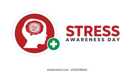 National Stress Awareness Day. Brain, human and plus icon. Great for cards, banners, posters, social media and more. White background. 