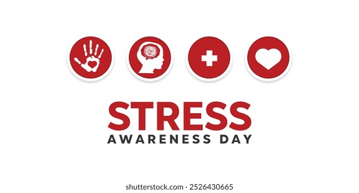 National Stress Awareness Day. Hand, human, brain, plus icon and heart. Great for cards, banners, posters, social media and more. White background. 