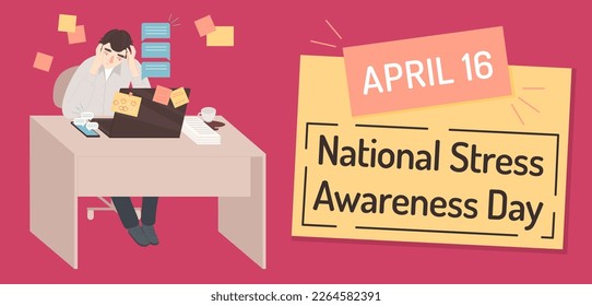 National stress awareness day. Horizontal poster in a flat style. Slow down and relax. Annual event. Informative banner, print, ad. Editable vector illustration on a pink background.