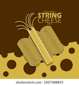 National String Cheese Day event food banner.  String cheese and braided string cheese with cheese slices on dark brown background to celebrate on September 20th