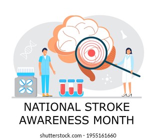 National Stroke awareness month concept vector. Medical event is observed in May. Neurology healthcare, dementia, Alzheimer, Parkinson illness.  Anatomical science of brain and senses diseases