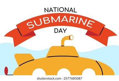 National Submarine Day banner. April 11.  Poster with yellow submarine in the water. Flat design
