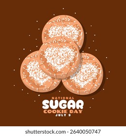 National Sugar Cookie Day to celebrate on July 9th. Four cookies with sugar topping in the shape of a heart on dark brown background. Food event banner.