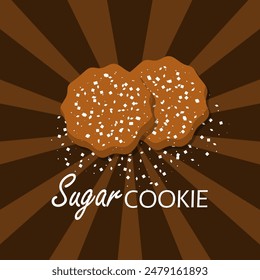 National Sugar Cookie Day event food banner. Two pieces of cookies topped with white sugar sprinkles on dark brown background to celebrate on July 9th