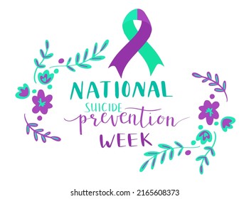 National Suicide Prevention Week Hand Lettering Vector Illustration In Script. Teal And Purple Colors