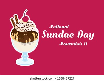 National Sundae Day vector. Chocolate ice cream cup. Decorated ice cream sundae vector. Chocolate sundae with cherry on a pink background. Important day