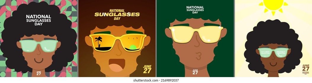 National Sunglasses Day Collection. Cute Man With Afro Wearing Yellow Sunglasses. Beach And Palm Tree Silhouette And Sunset Background Reflected On Sunglasses. UV Protection. Vector Illustration Set. 