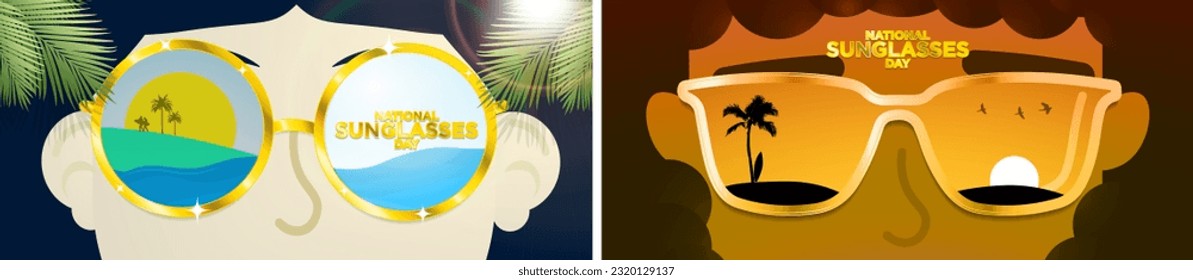National Sunglasses Day Greeting Card Banners. Gold Sunglasses reflecting the beach and sea with UV protection. Vector Illustration. EPS 10.