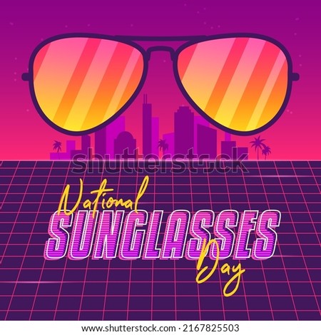 National Sunglasses Day. Summer retro synthwave futuristic banner with sunrise city, palms, mirror sunglasses, shiny grid. Trendy vintage 80s, 90s vibe. Square vector illustration for social media