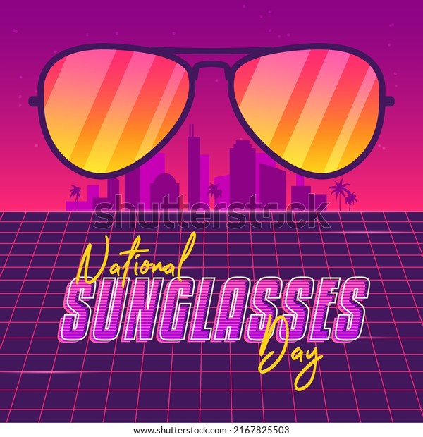 National Sunglasses Day. Summer retro synthwave\
futuristic banner with sunrise city, palms, mirror sunglasses,\
shiny grid. Trendy vintage 80s, 90s vibe. Square vector\
illustration for social\
media