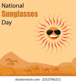 National Sunglasses Day with sun wearing glasses and dessert with camels and tree