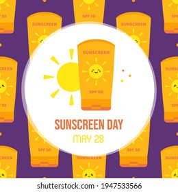 National Sunscreen Day vector greeting card, illustration with cartoon style sunscreen tube, sun and seamless pattern background. 