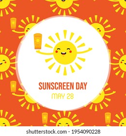 National Sunscreen Day vector greeting card, illustration with cute cartoon style sun character holding bottle, tube of sunscreen in hand.