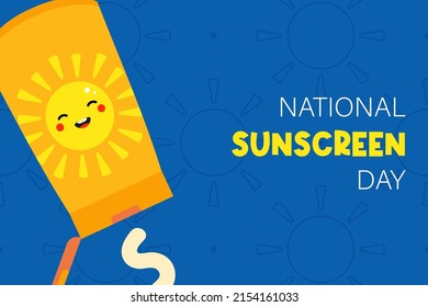 National Sunscreen Day vector greeting card, cartoon style illustration with cute cartoon style sunscreen tube. May 27.