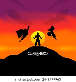 In: National Superhero Day Event Banner. Illustration von Superhelden auf einem Hügel bei Sonnenuntergang zu feiern am 28. April