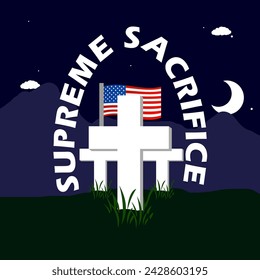 
National Supreme Sacrifice Day event banner. Cross-shaped tombstone with an American flag against a backdrop of mountains at night with a crescent moon and stars, with bold text commemorate on March 