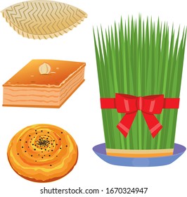 National sweets of Novruz Bayram holiday
paxlava, shekerbura, gogal, seed, closeup on a white background,vector.