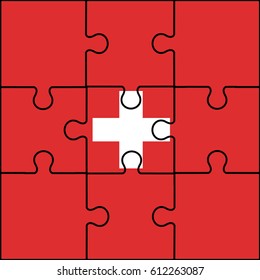 national Switzerland flag & black line or outline in red & white color on background with nine complete Jigsaw vector or Puzzle simple modern illustration on flat design style