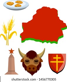 National symbol of Belarus. Set of objects in Slavic Eastern Europe. Plate with potato pancakes, ear of wheat, monument Minsk, head of bison bull, medieval coat of arms. Cartoon flat illustration