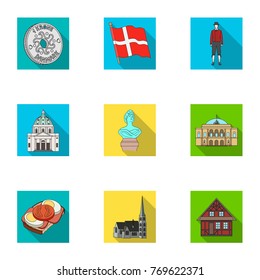 National, symbol, crown, and other web icon in flat style.Denmark, tourism, restaurant icons in set collection.