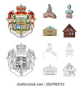 National, symbol, drawing, and other web icon in cartoon,outline style. Denmark, attributes, style, icons in set collection.