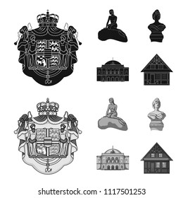 National, symbol, drawing, and other web icon in black,monochrome style. Denmark, attributes, style, icons in set collection.